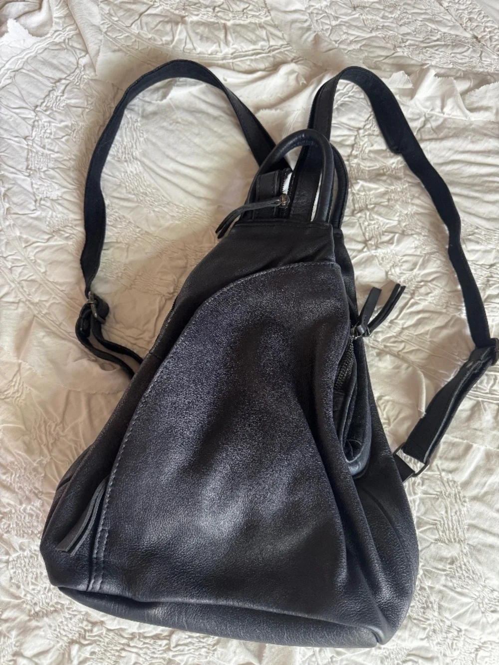 Free People Black Leather Sling Backpack with Adjustable Strap